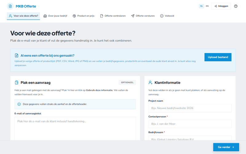 Schermopname van MKB Offerte: een aanvraag plakken en direct een offerte laten genereren